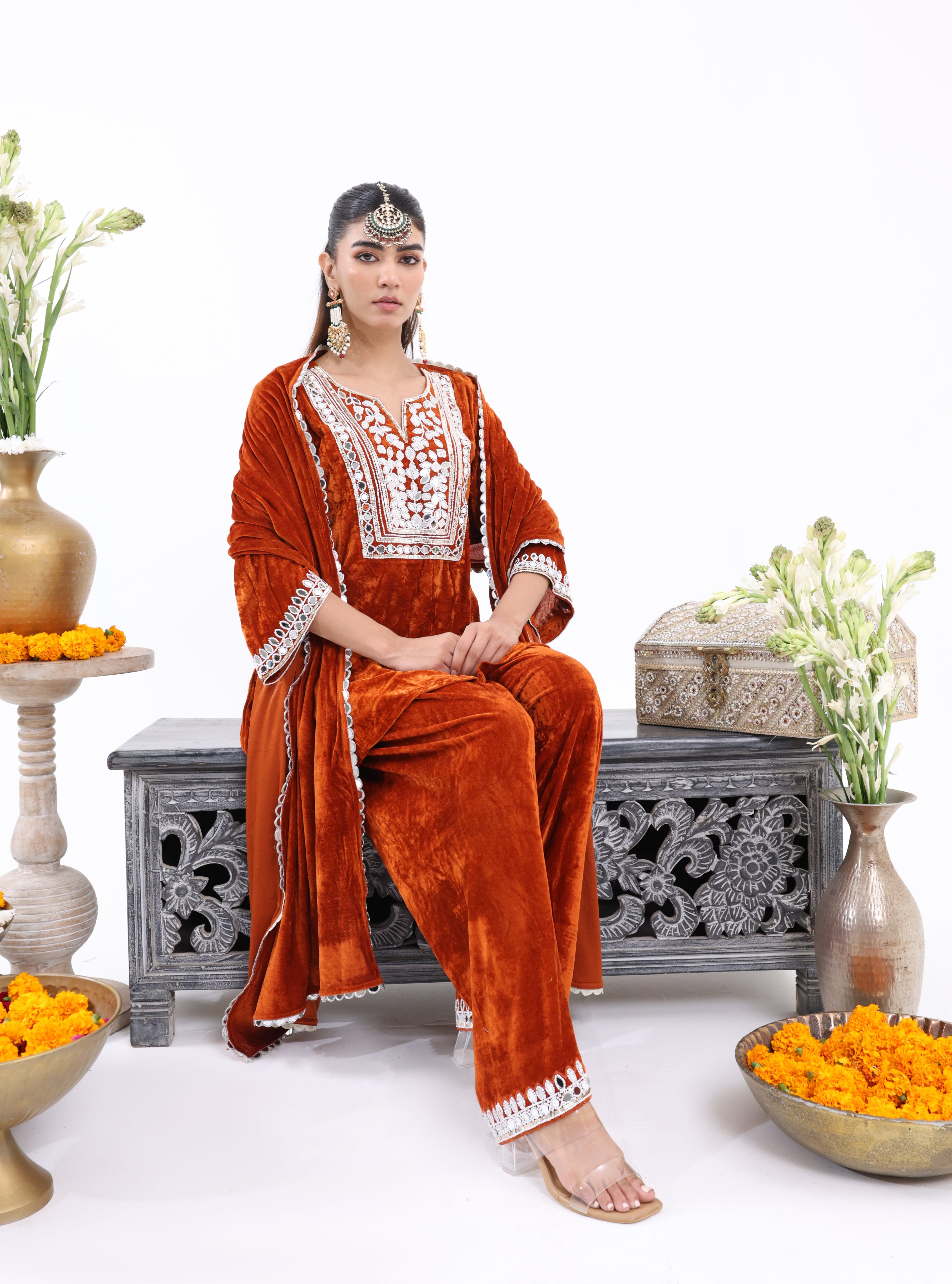 Orange Feroza – Velvet Farshi Salwar Suit