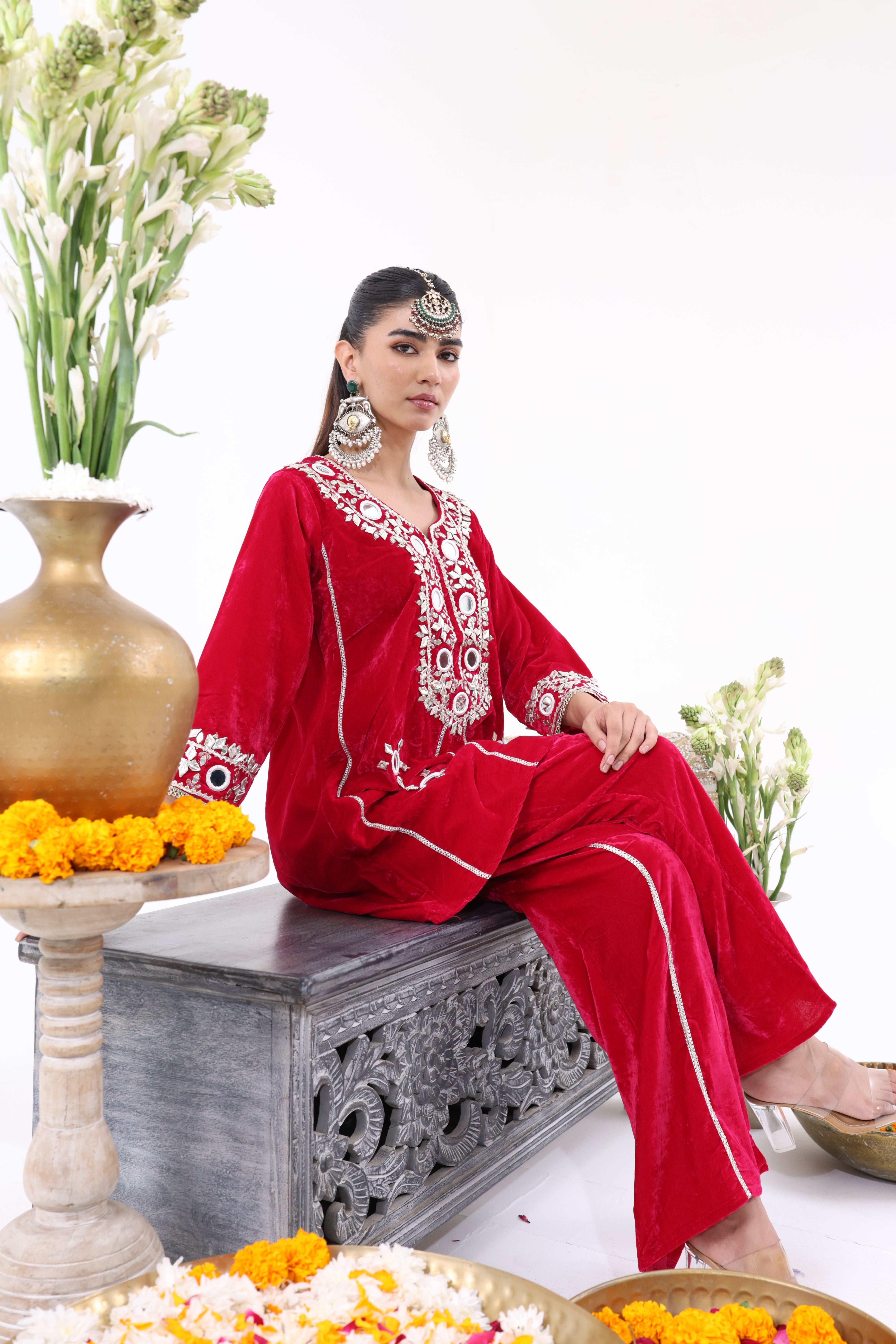 Red Rukhsar – Velvet Co-ord Set