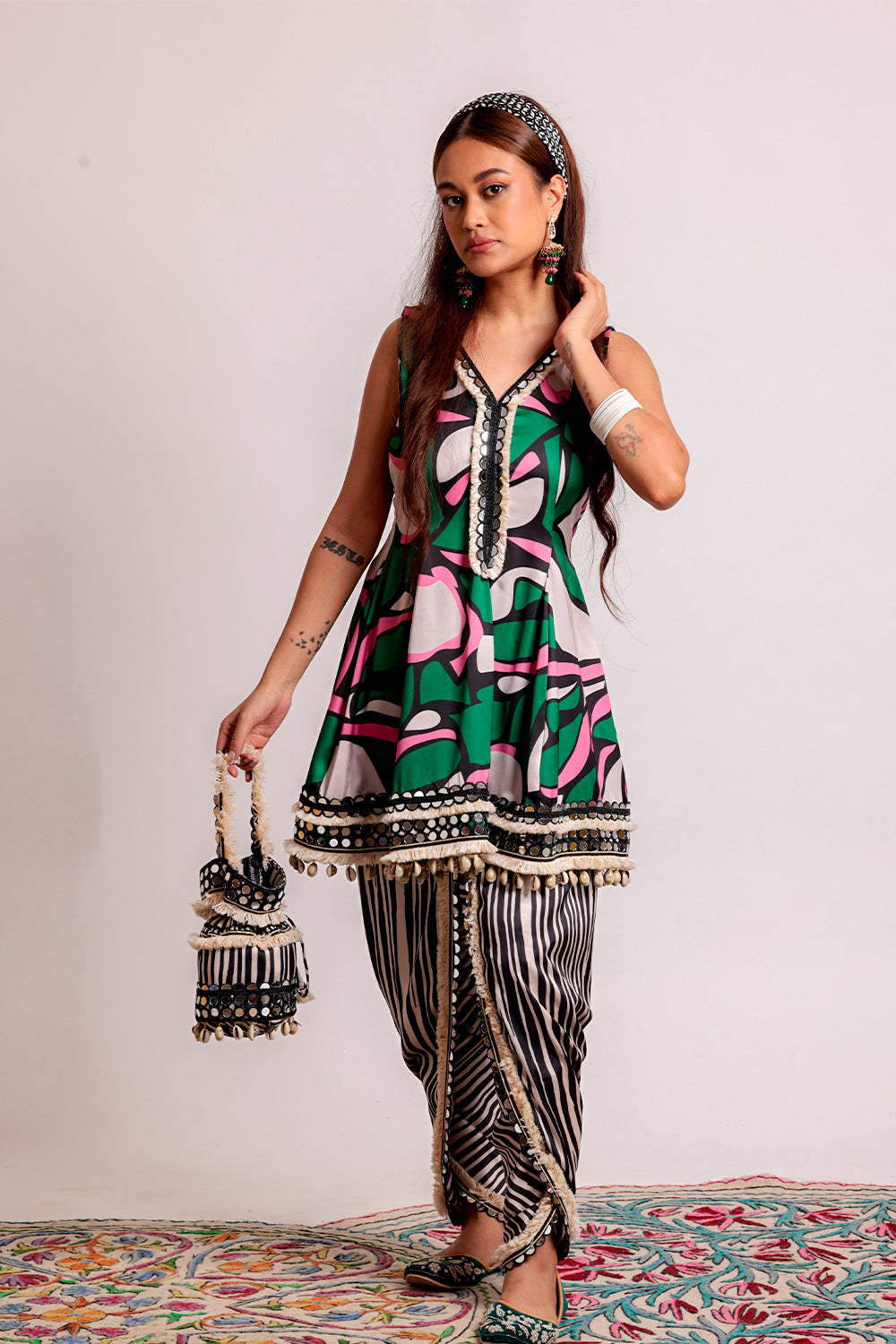 Dhoti set with Potli Elegant Indian Wear with Mirror & Dori Detailing