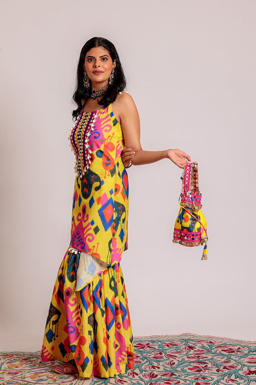 Kurta and Garara with Potli Elegant Ethnic Wear with Mirror, Gota & Shell Accents