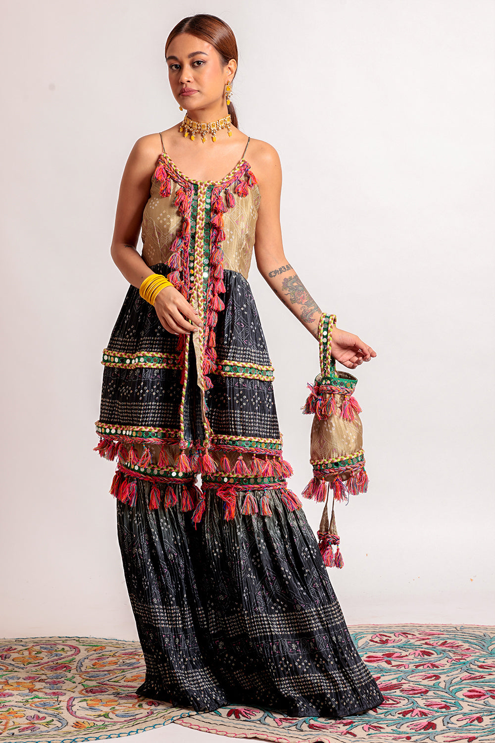 Kurta & Garara with Potli Radiant Attire with Mirror, Dori & Latkan Accents
