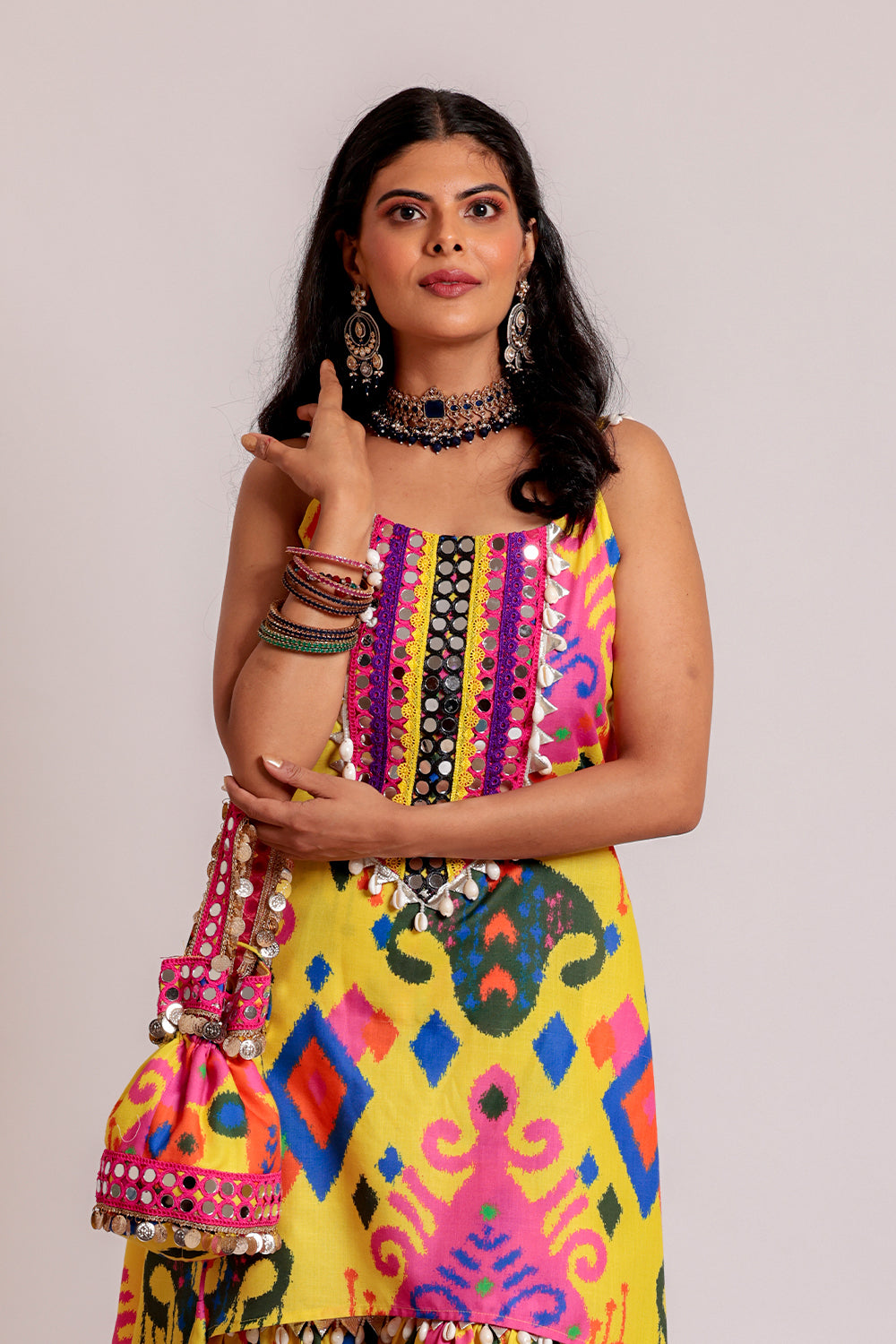 Kurta and Garara with Potli Elegant Ethnic Wear with Mirror, Gota & Shell Accents