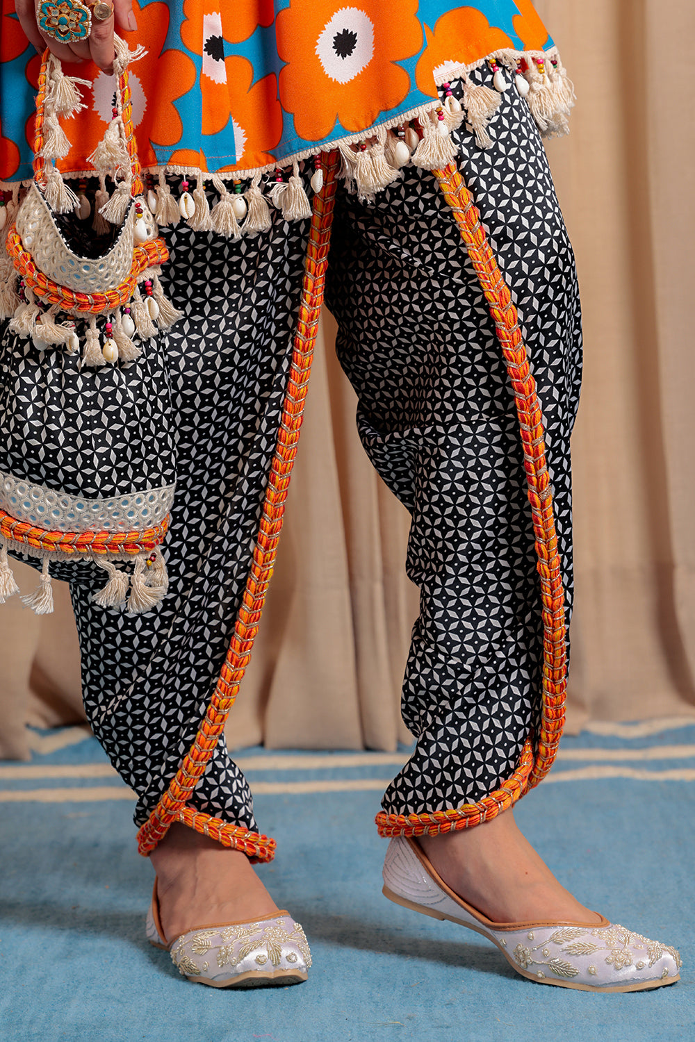 Dhoti set with Potli Elegant Indian Wear with Dori, Faux Mirror & Latkan Details