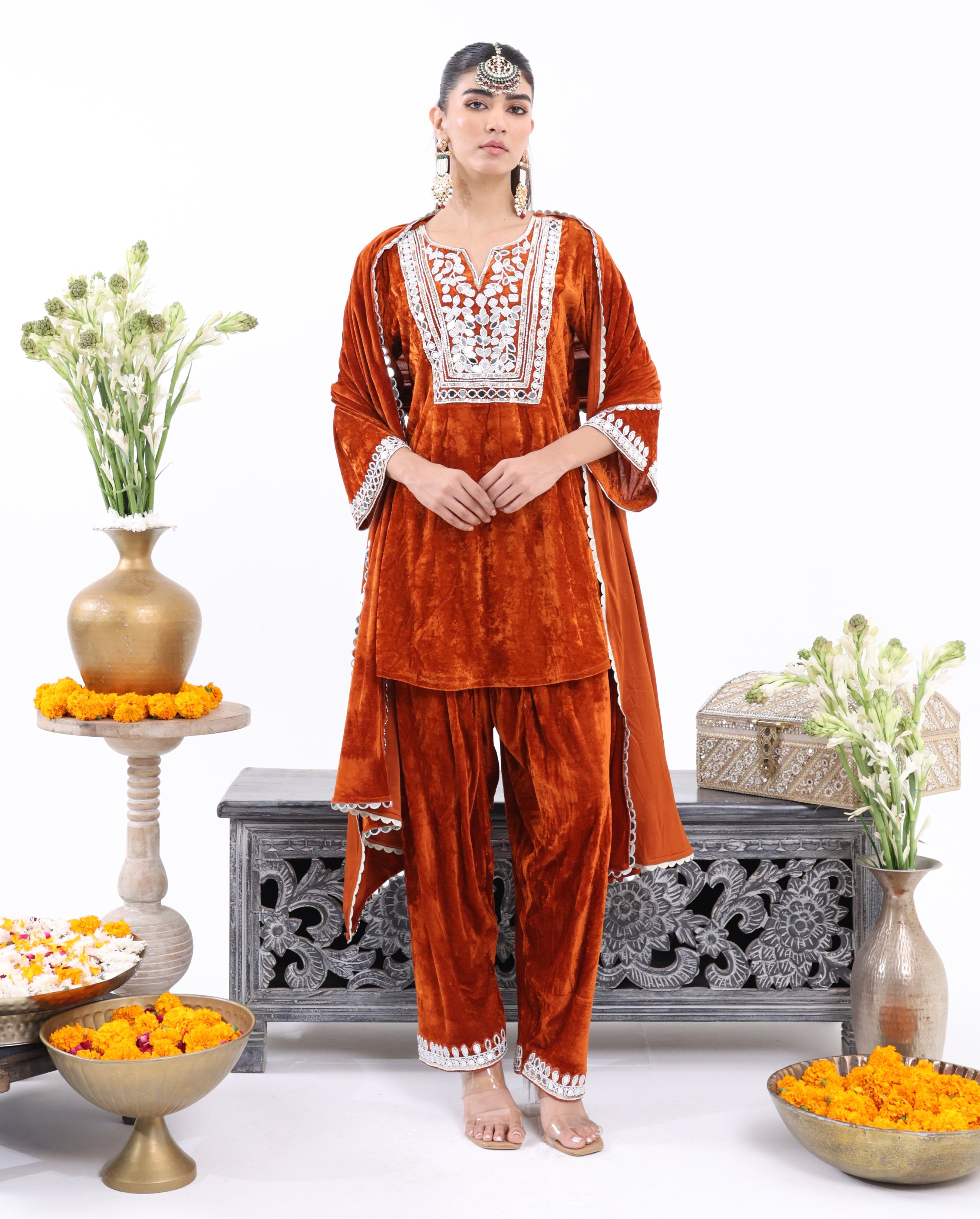 Orange Feroza – Velvet Farshi Salwar Suit