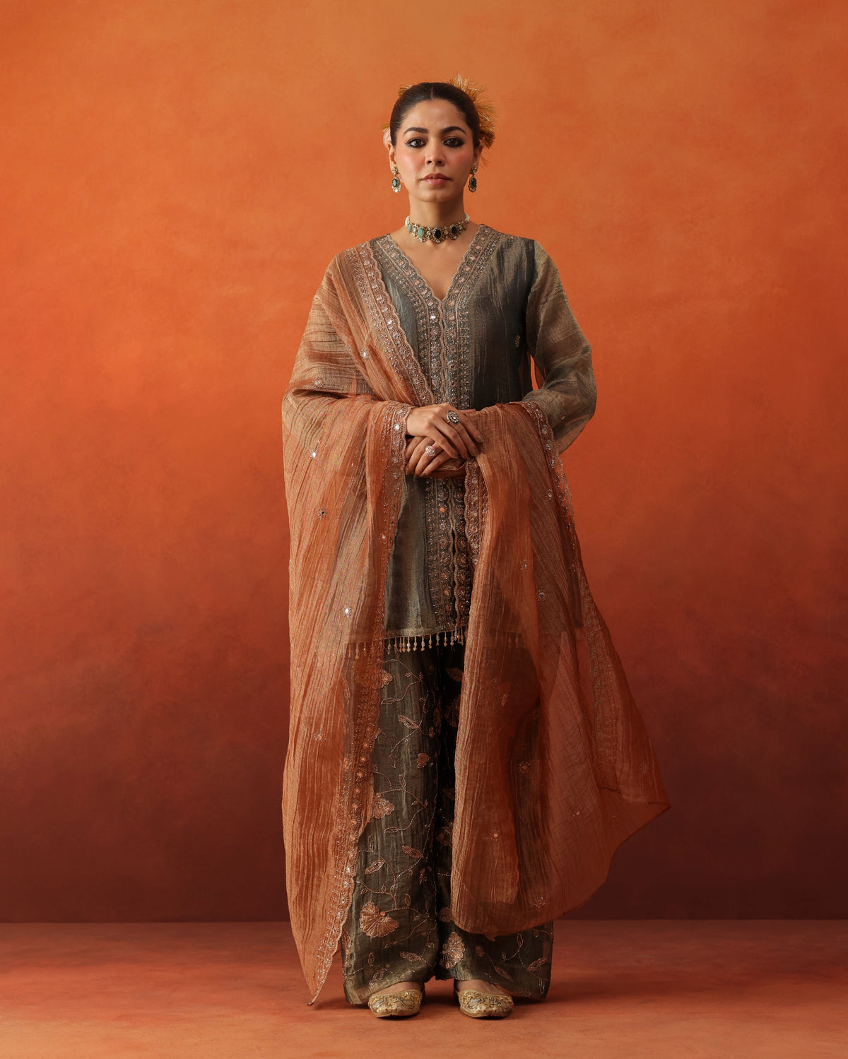 Nazaqat - Pleated Farshi Pants Set With Dupatta