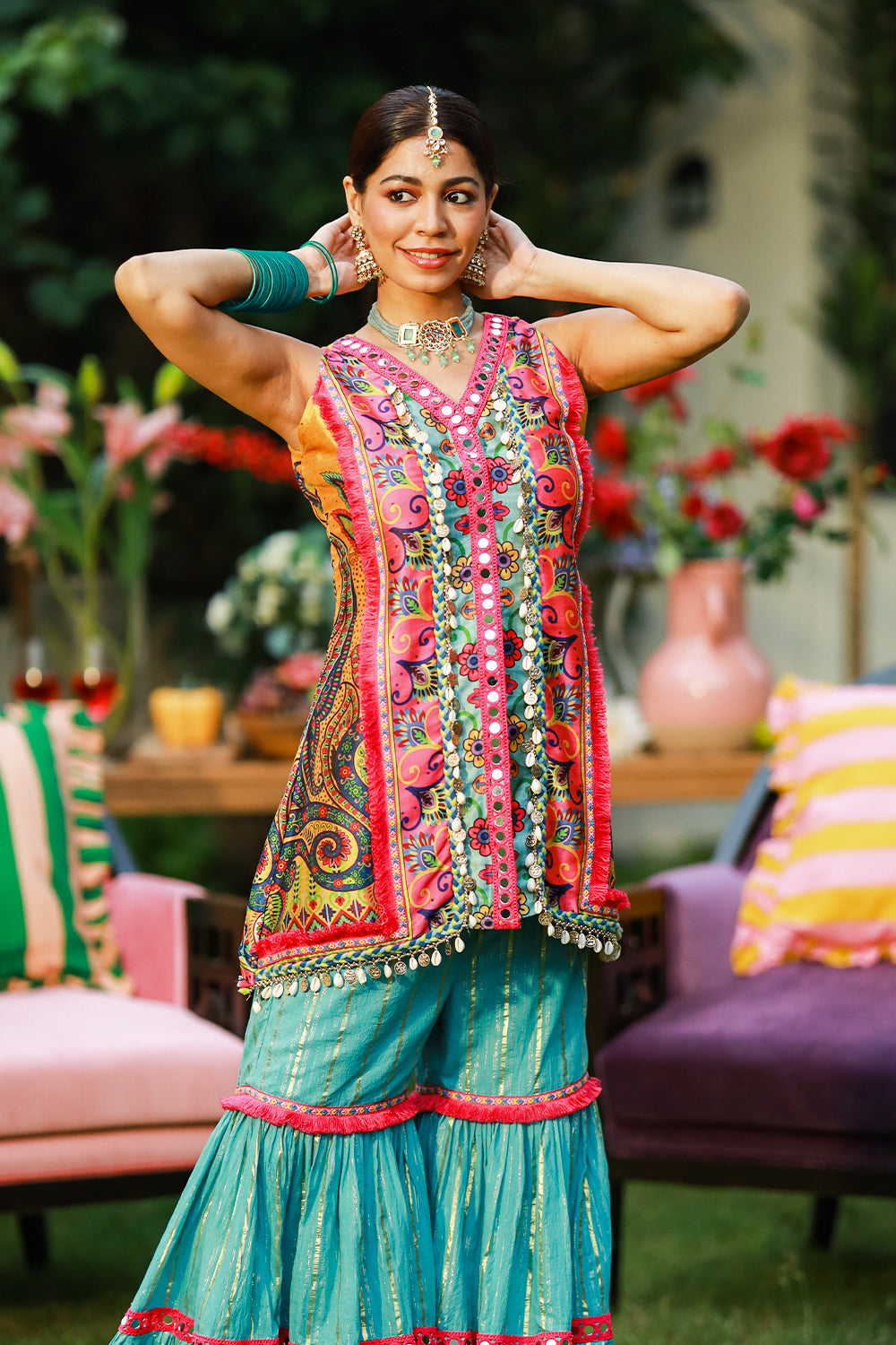 Garara and Kurta with Potli Charming Ensemble with Shells, Mirror & Dori Details