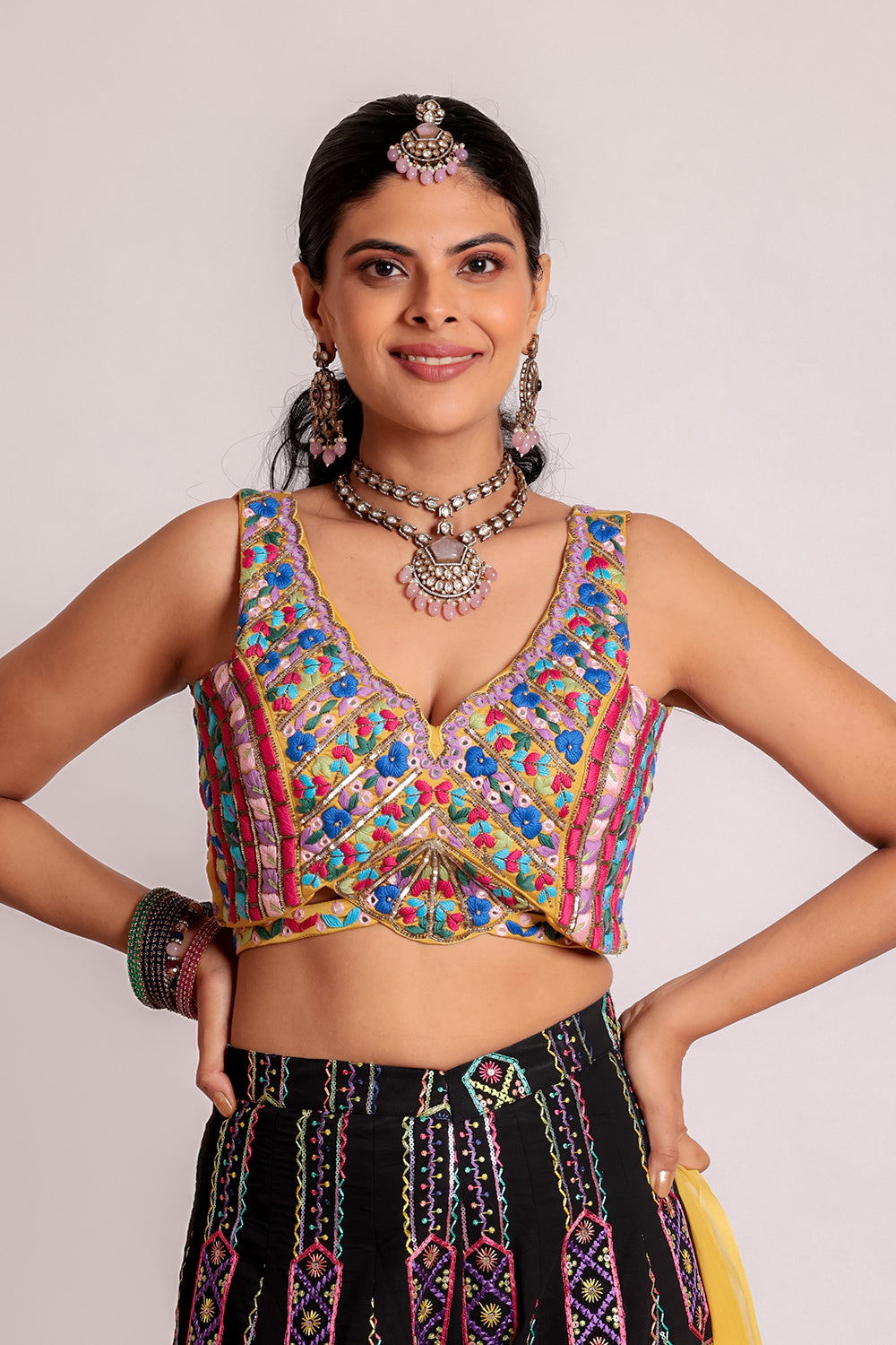 Blouse & Garara with Potli Elegant Attire with Handwork, Anchor Thread, Mirror & Dori Details