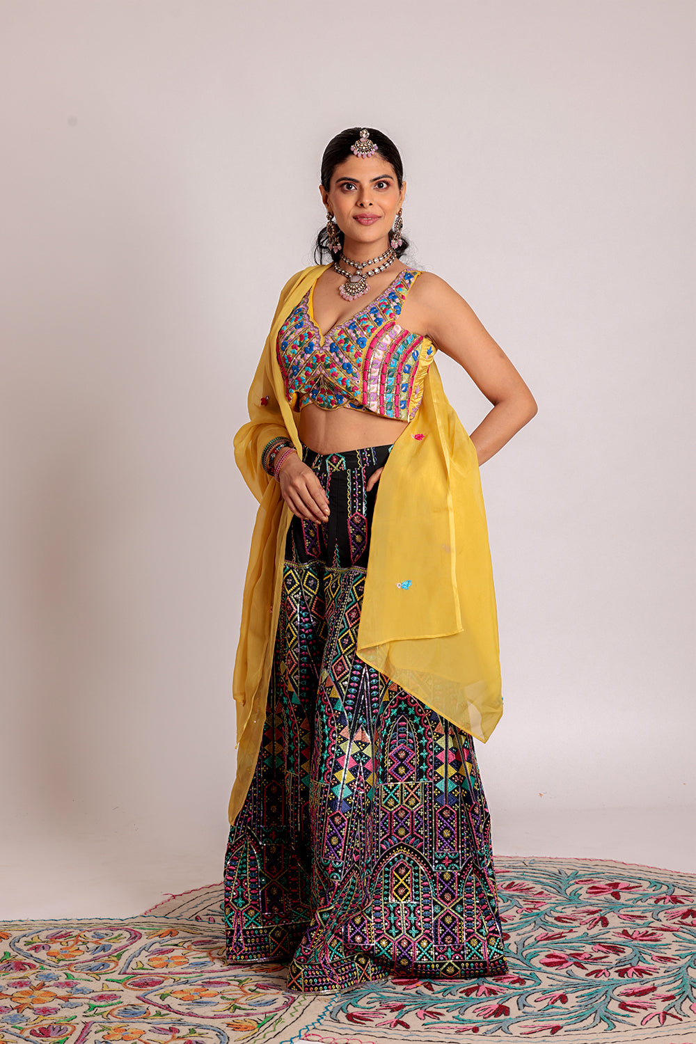 Blouse & Garara with Potli Elegant Attire with Handwork, Anchor Thread, Mirror & Dori Details