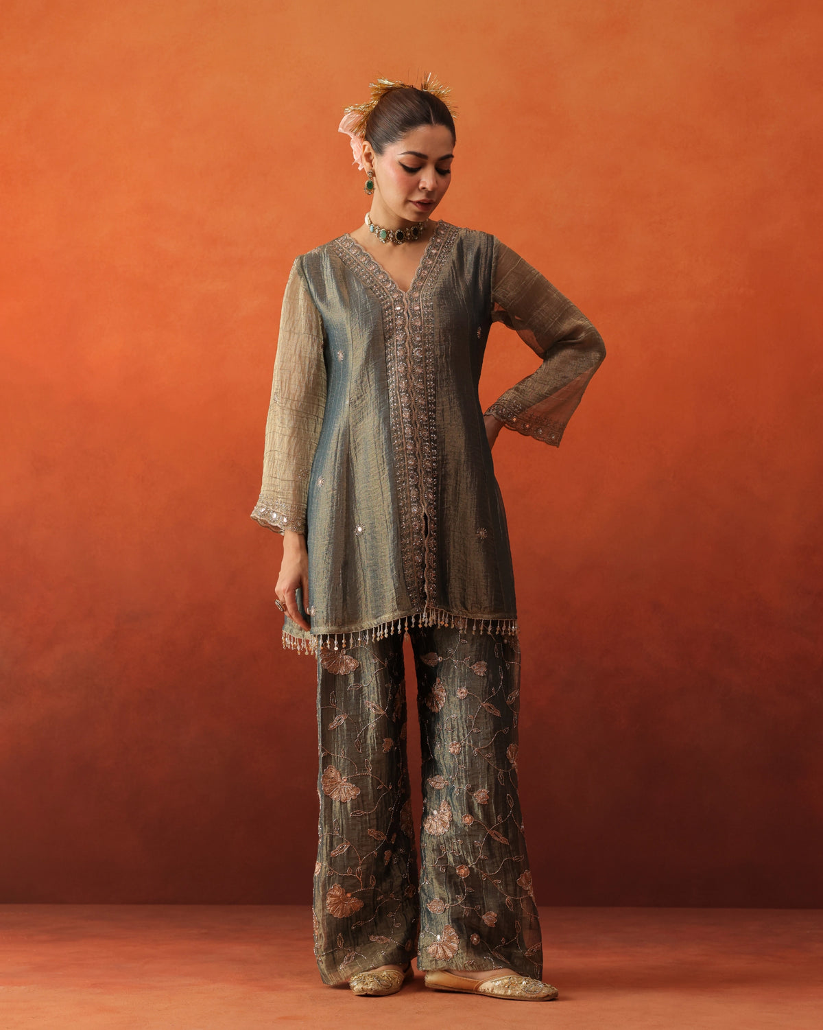 Nazaqat - Pleated Farshi Pants Set With Dupatta