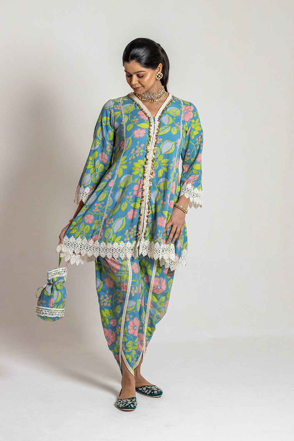 Dhoti set with Potli Sophisticated Printed Ensemble