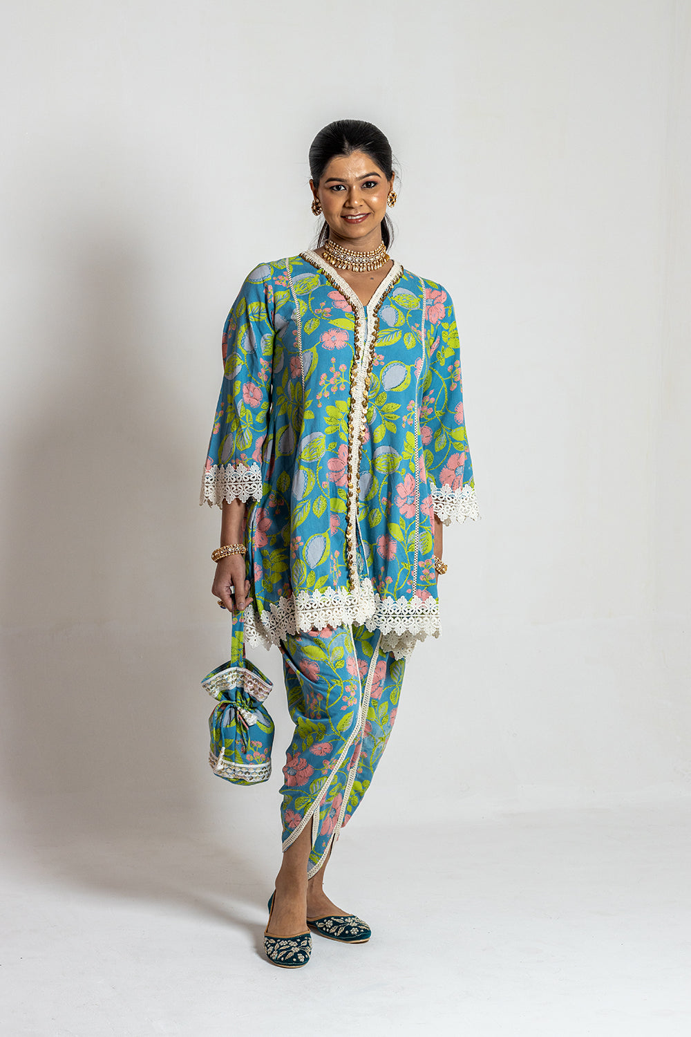 Dhoti set with Potli Sophisticated Printed Ensemble