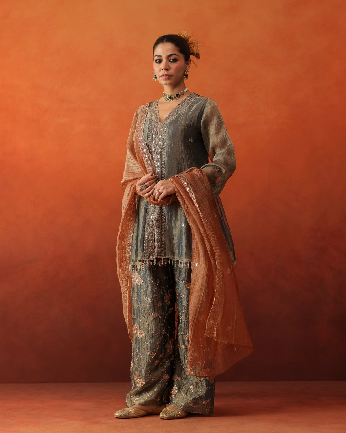 Nazaqat - Pleated Farshi Pants Set With Dupatta