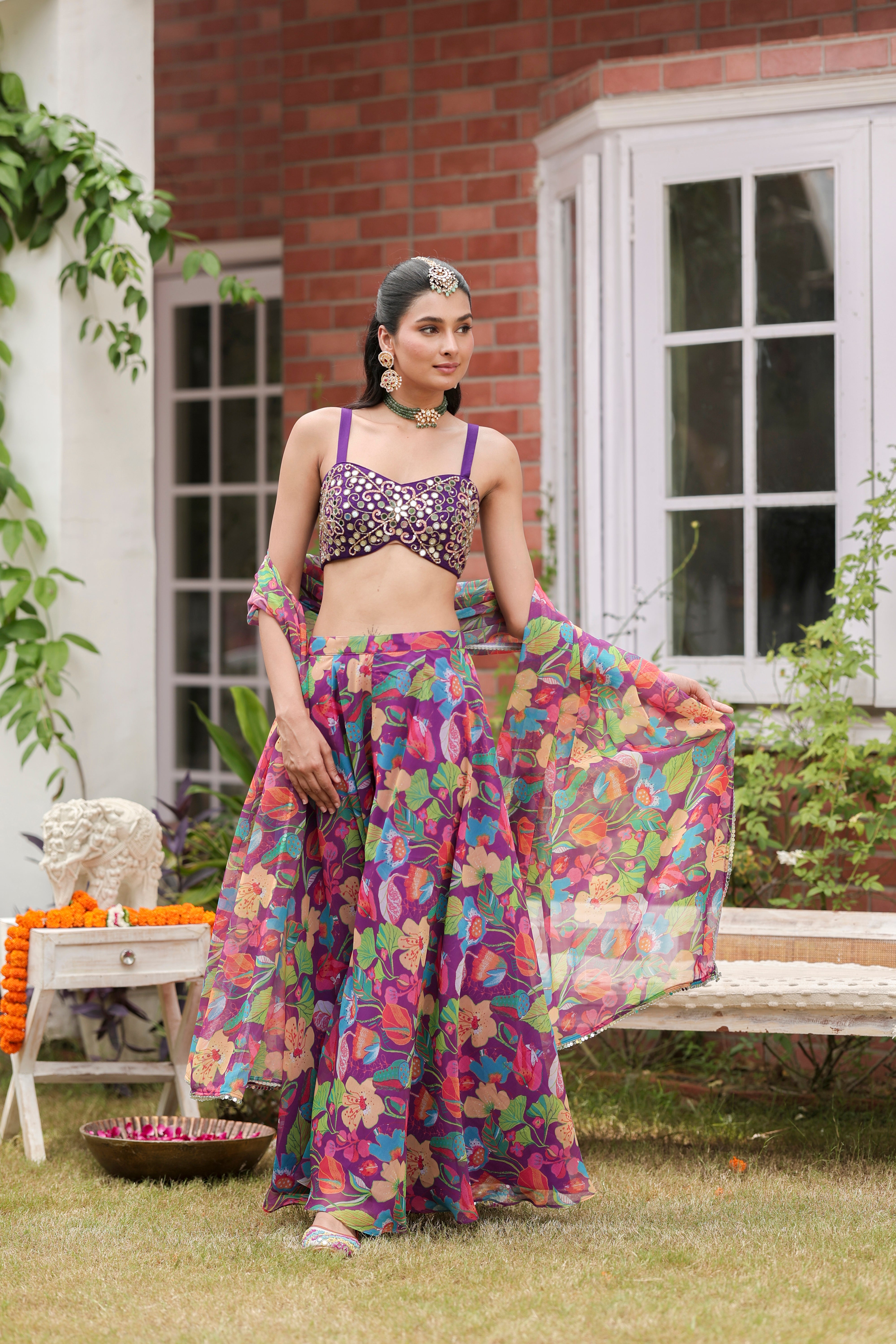Aza - Blouse and Flared Pants Set with Dupatta and Cape