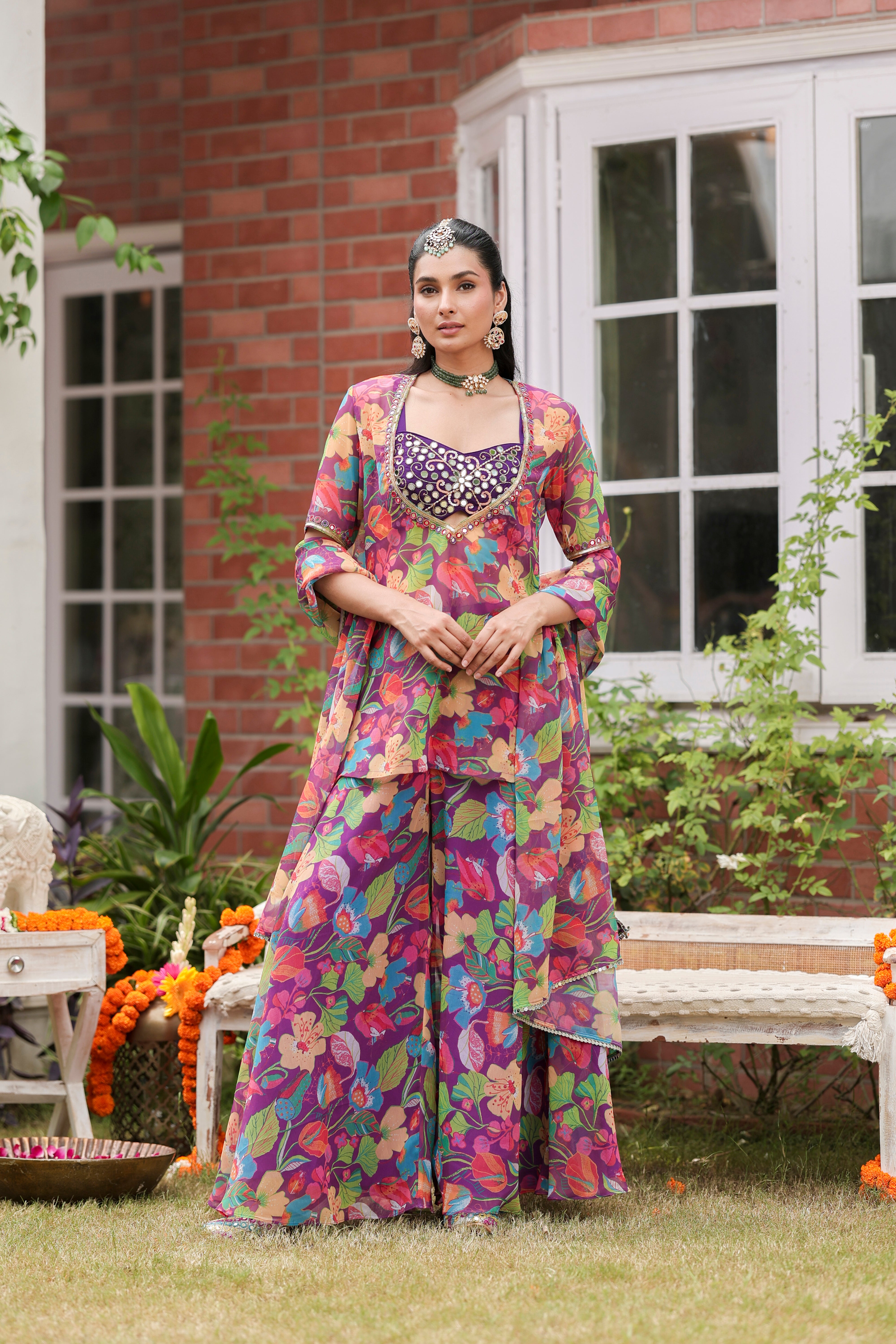 Aza - Blouse and Flared Pants Set with Dupatta and Cape