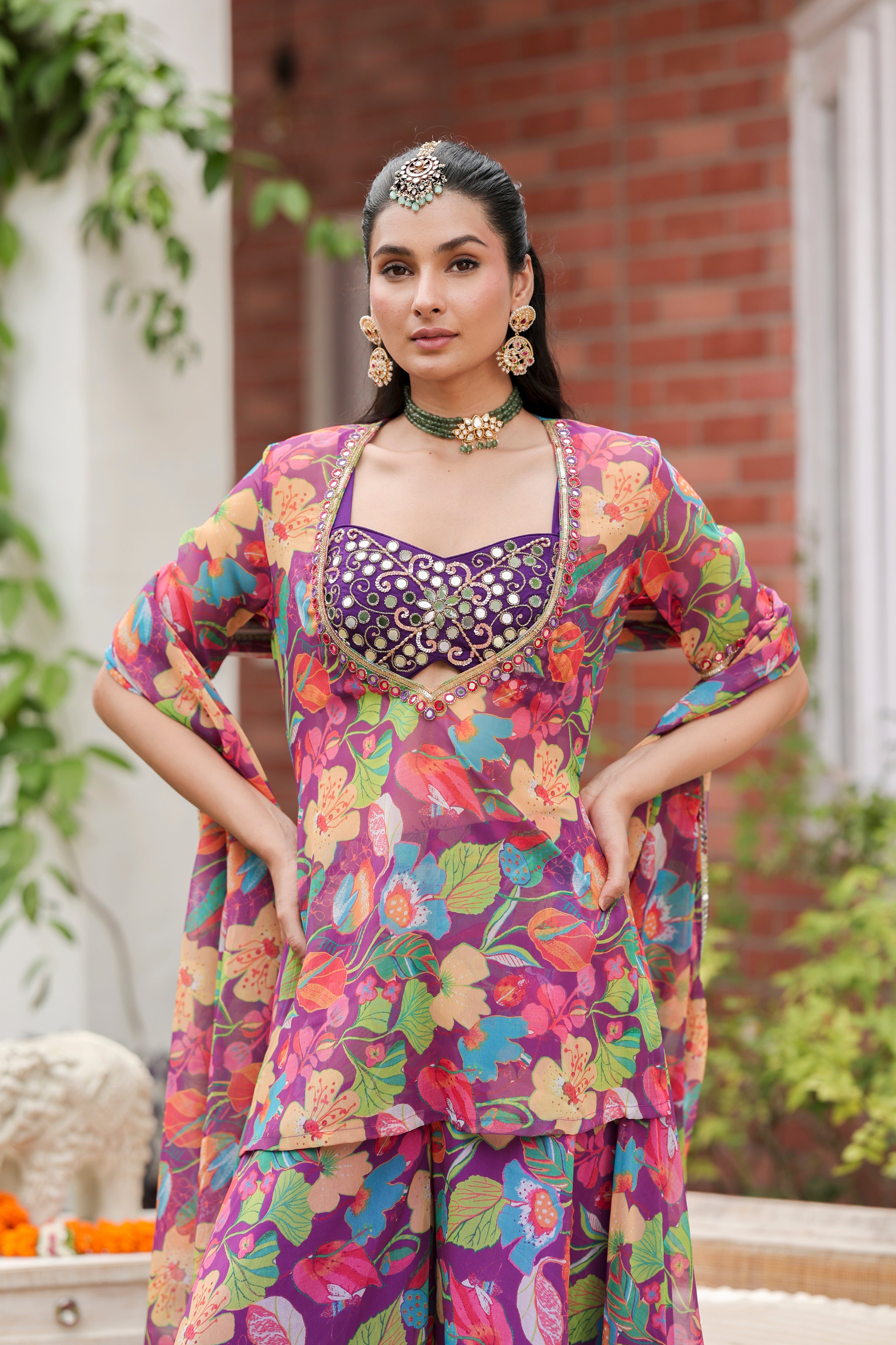 Aza - Blouse and Flared Pants Set with Dupatta and Cape