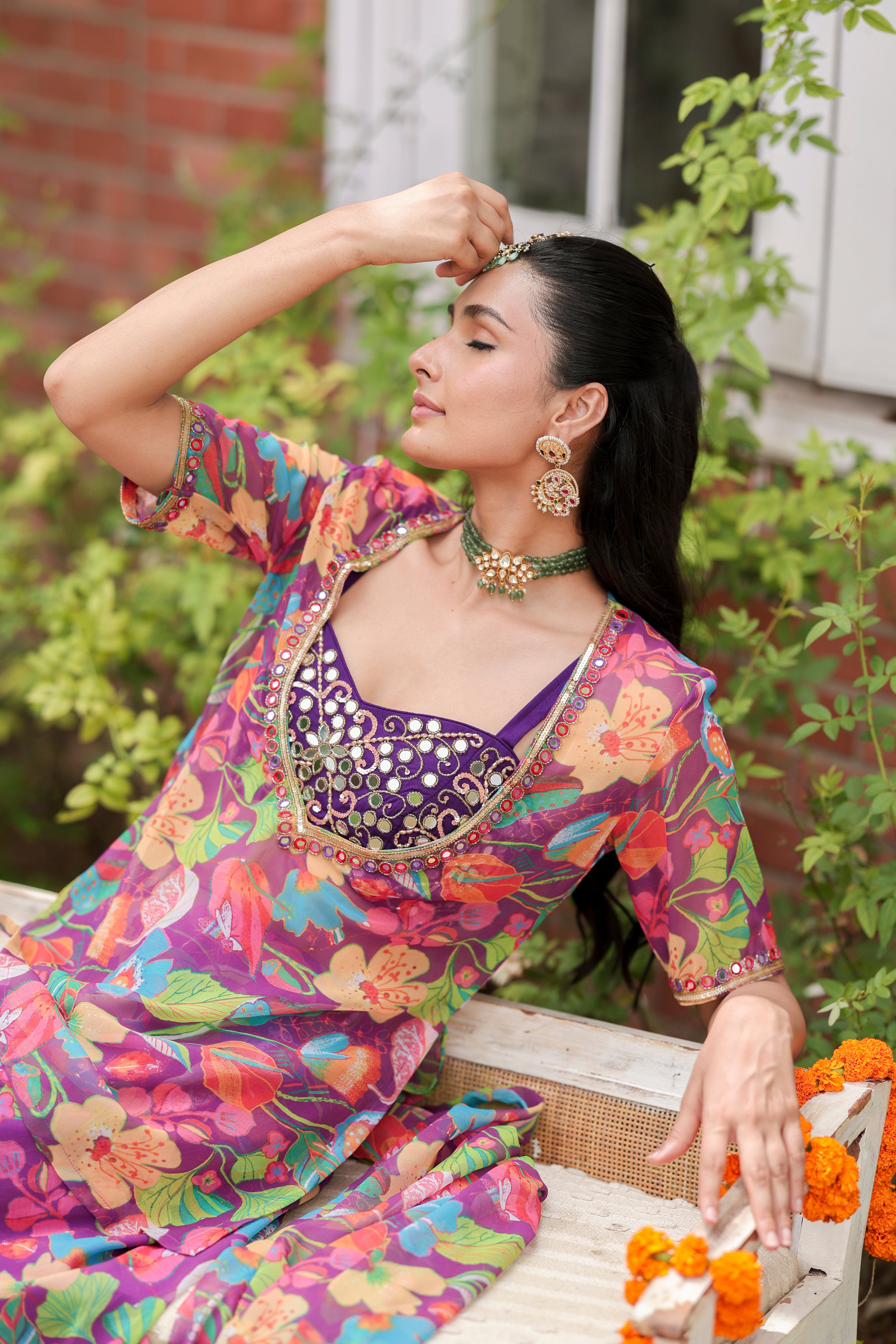 Aza - Blouse and Flared Pants Set with Dupatta and Cape