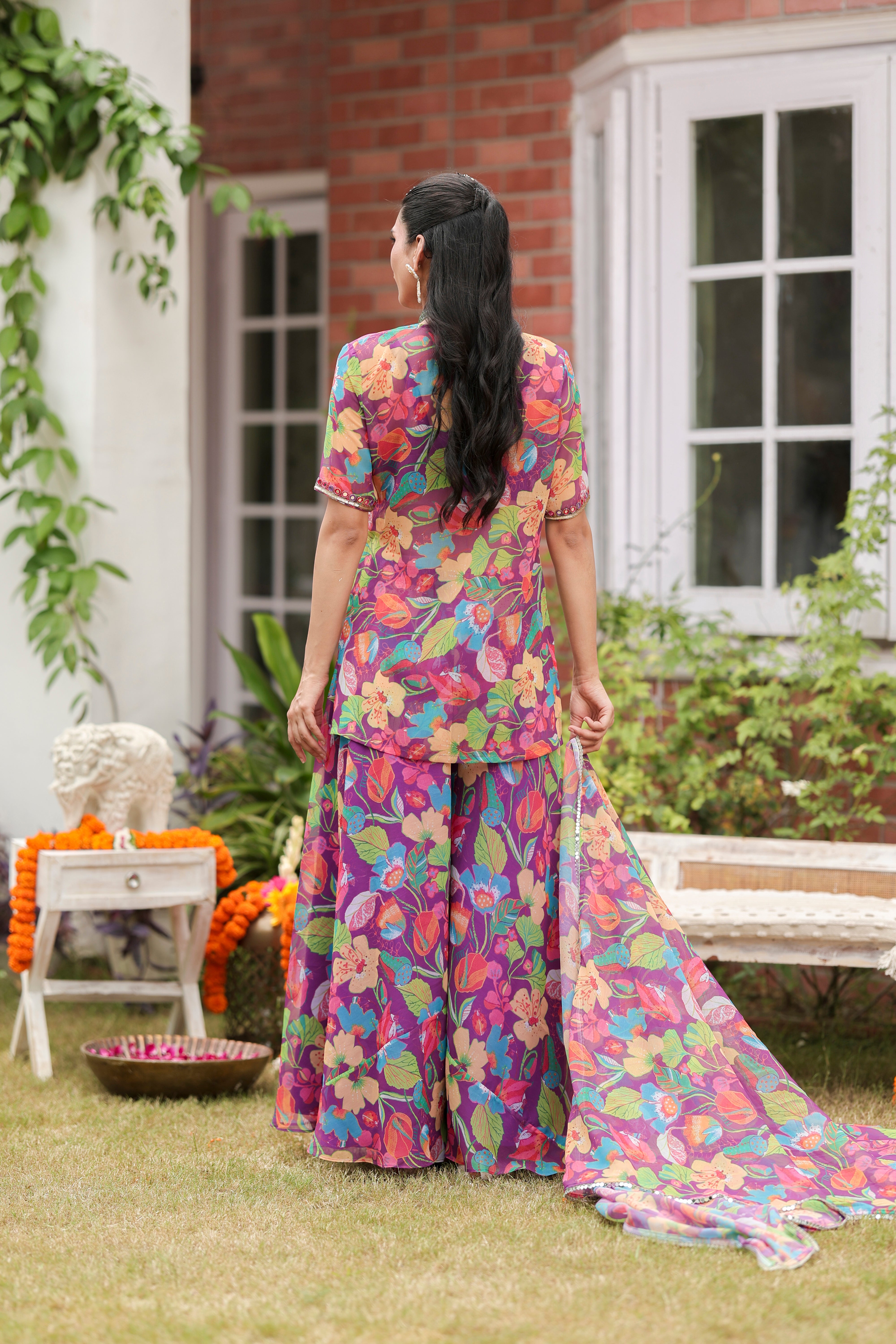 Aza - Blouse and Flared Pants Set with Dupatta and Cape