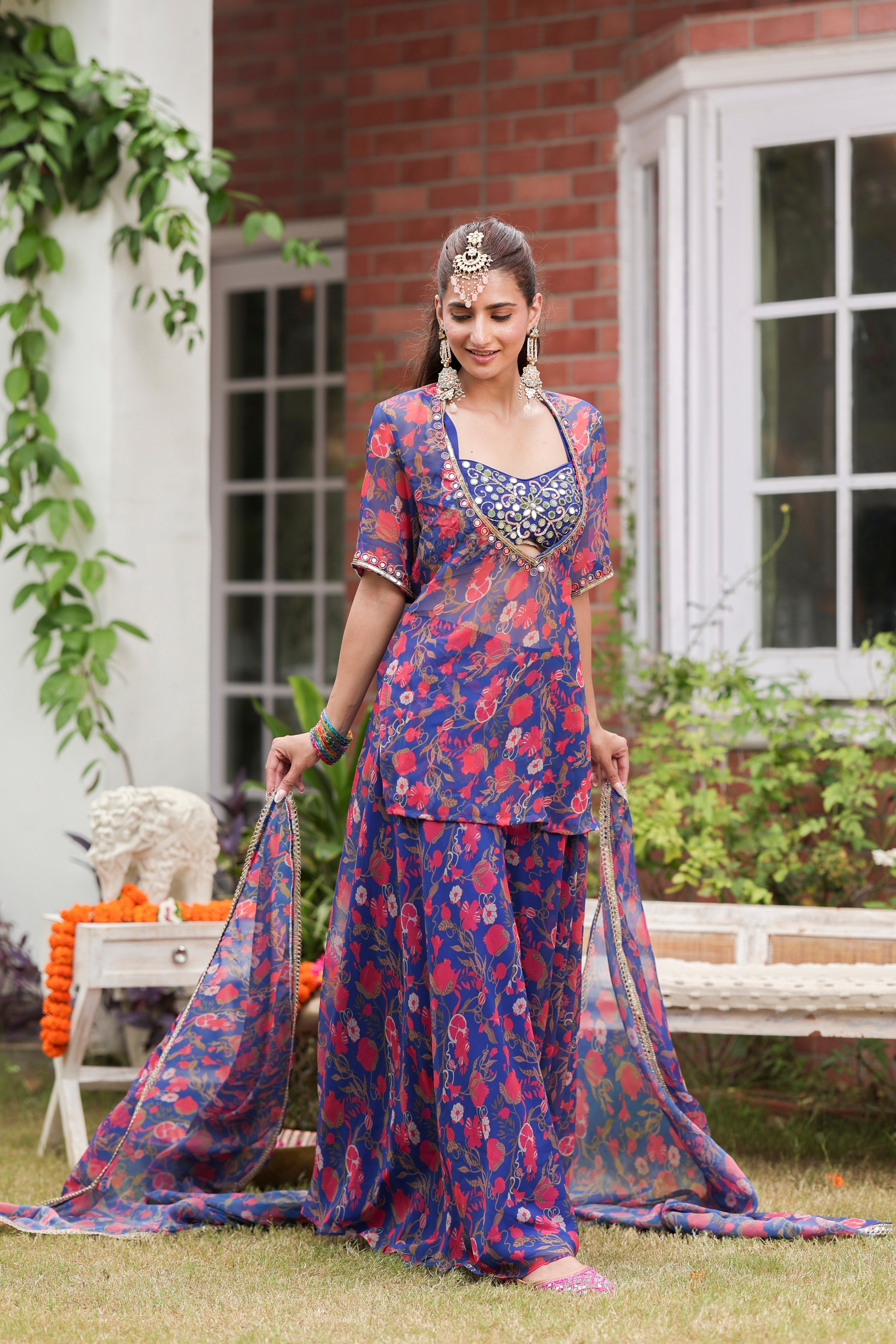 Ira - Blouse and Flared Pants Set with Dupatta and Cape