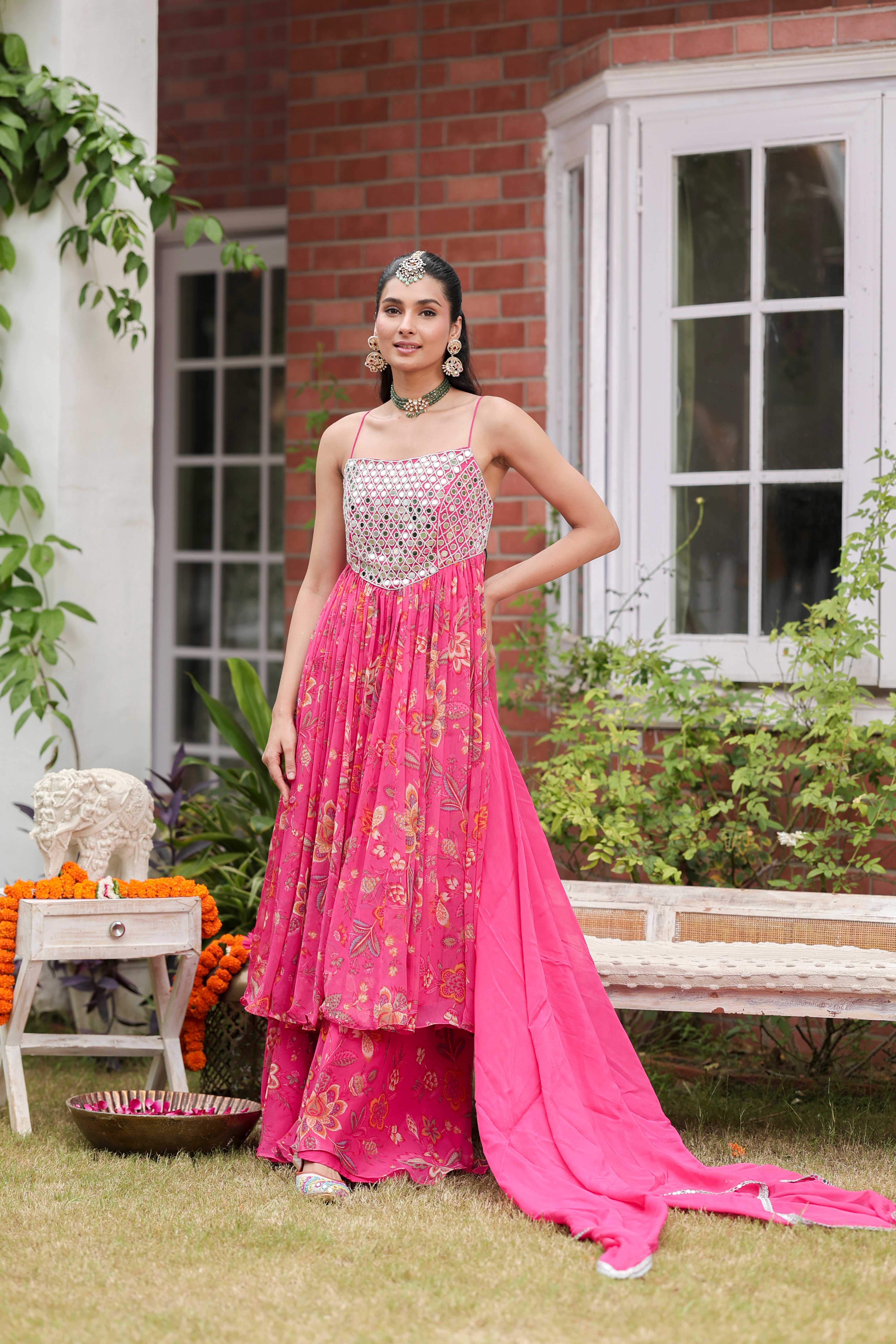 Pink Aiza - Anarkali with Flared Pants and Dupatta