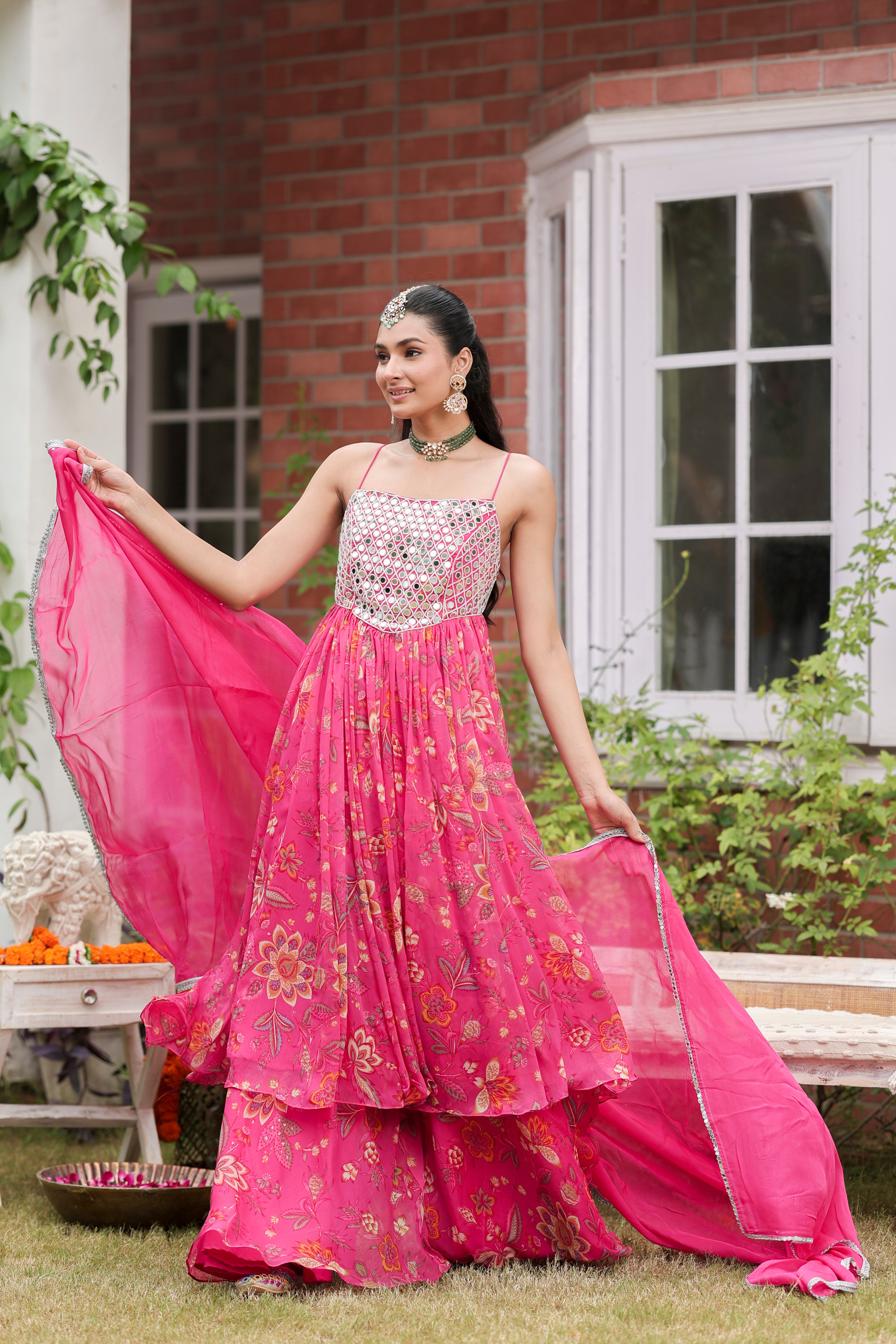 Pink Aiza - Anarkali with Flared Pants and Dupatta