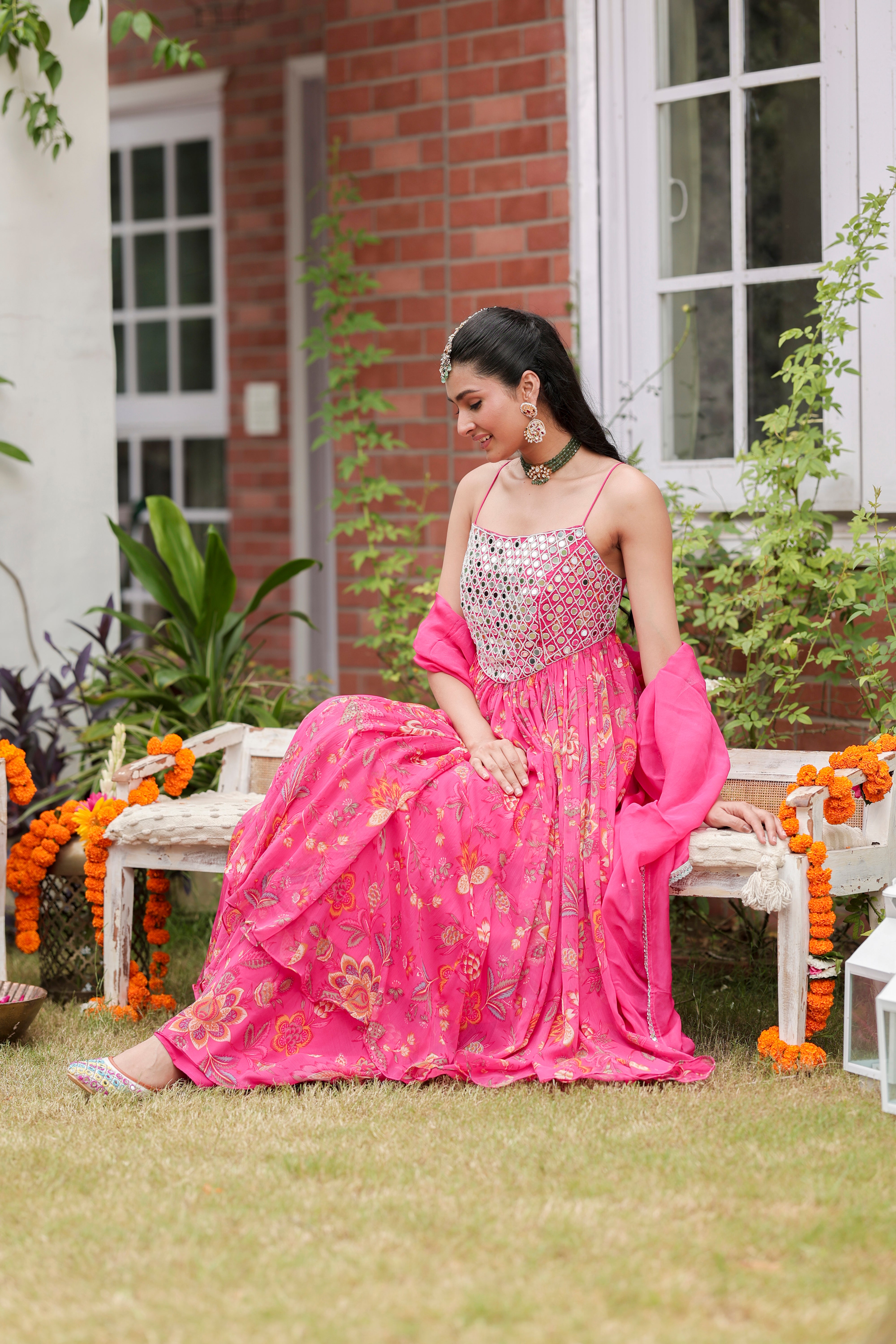 Pink Aiza - Anarkali with Flared Pants and Dupatta