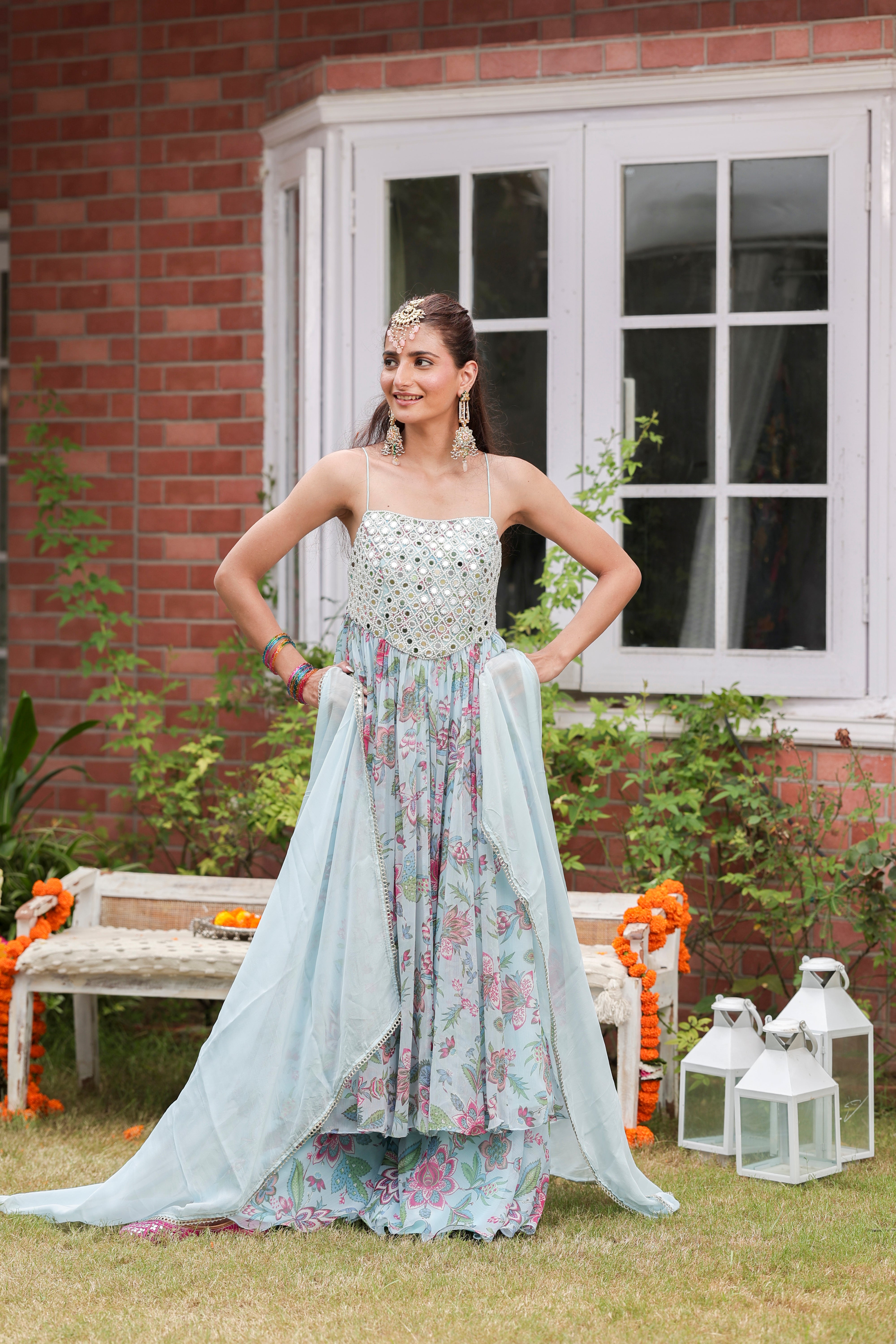 Blue Aiza - Anarkali with Flared Pants and Dupatta