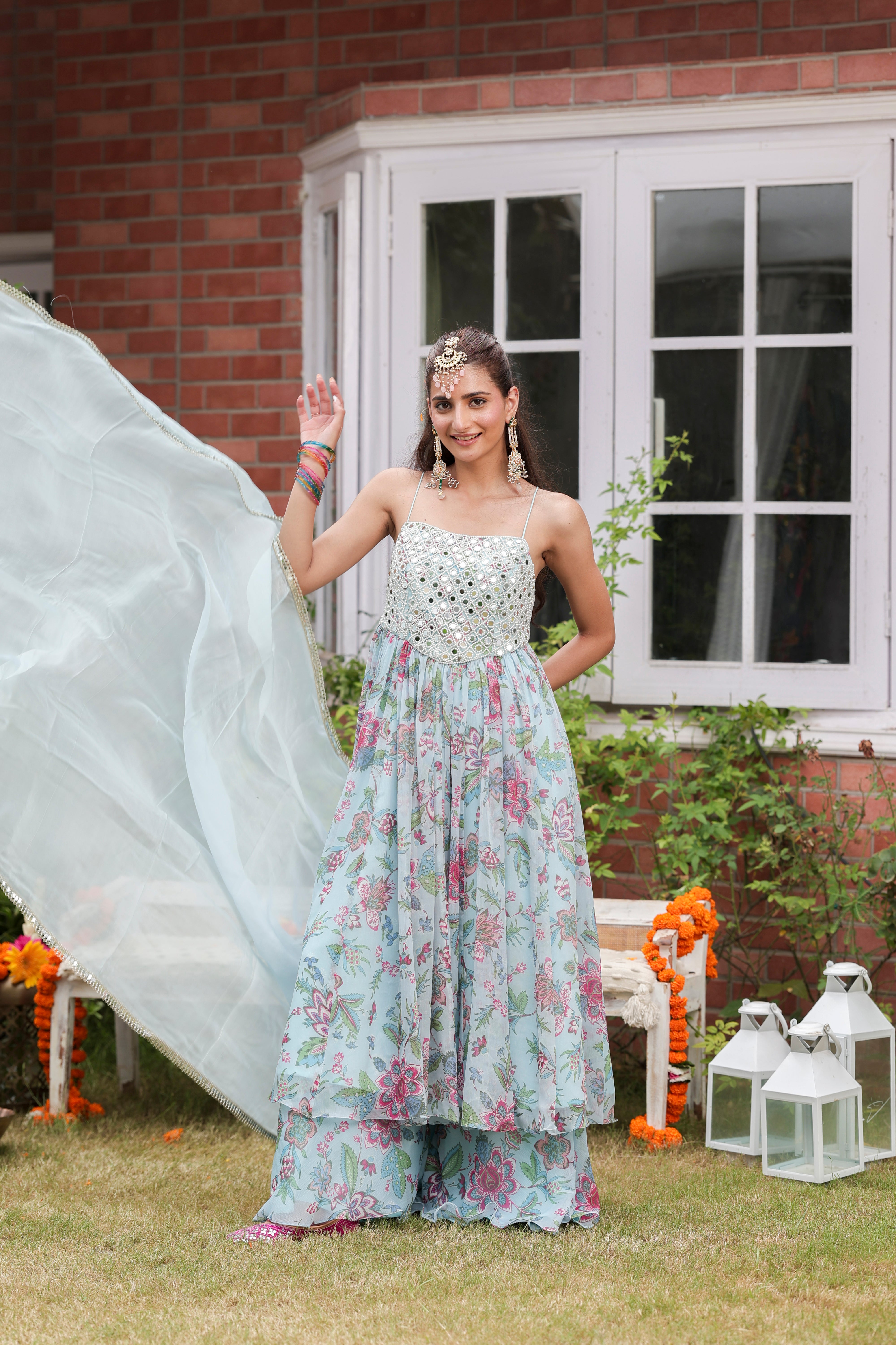 Blue Aiza - Anarkali with Flared Pants and Dupatta