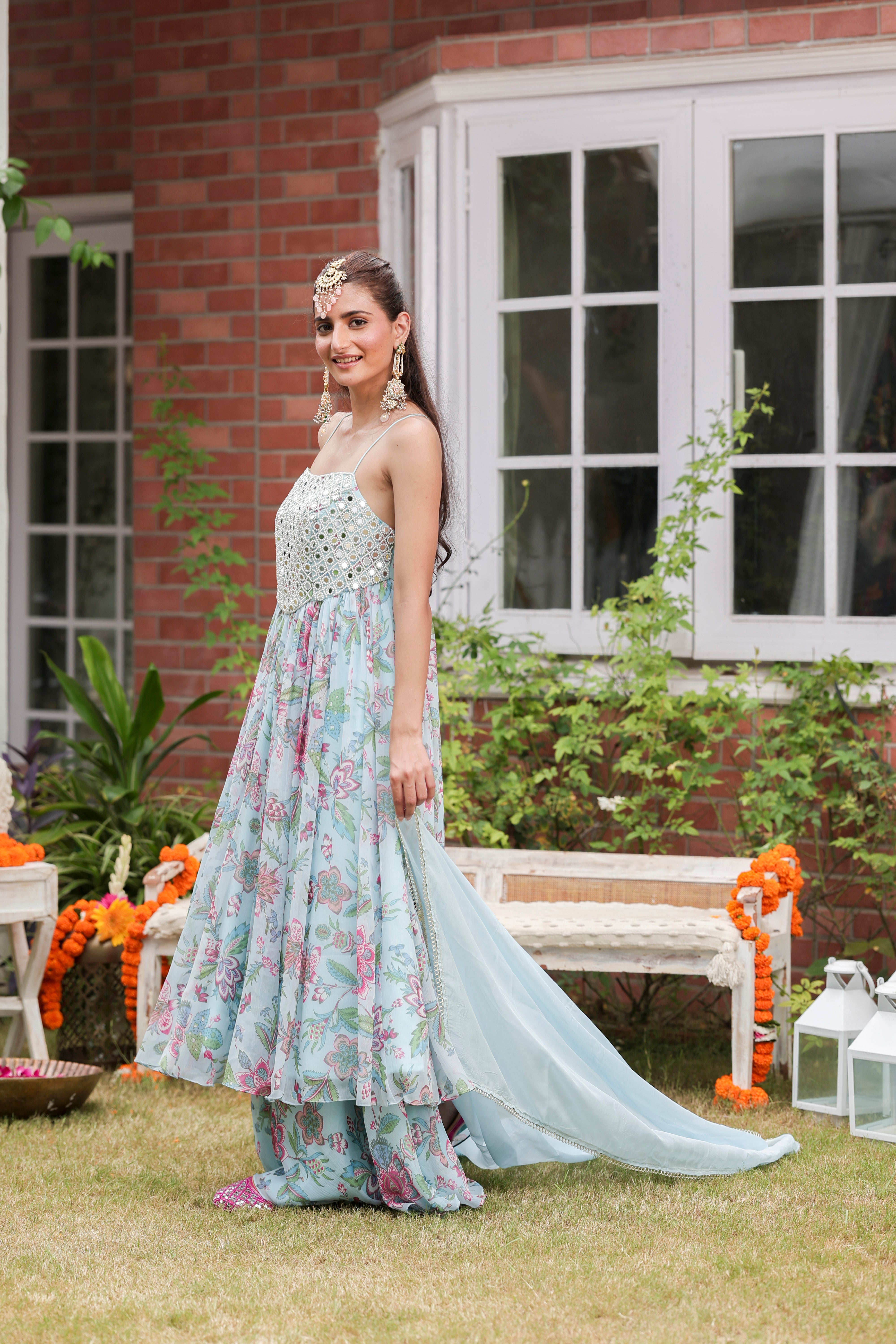 Blue Aiza - Anarkali with Flared Pants and Dupatta